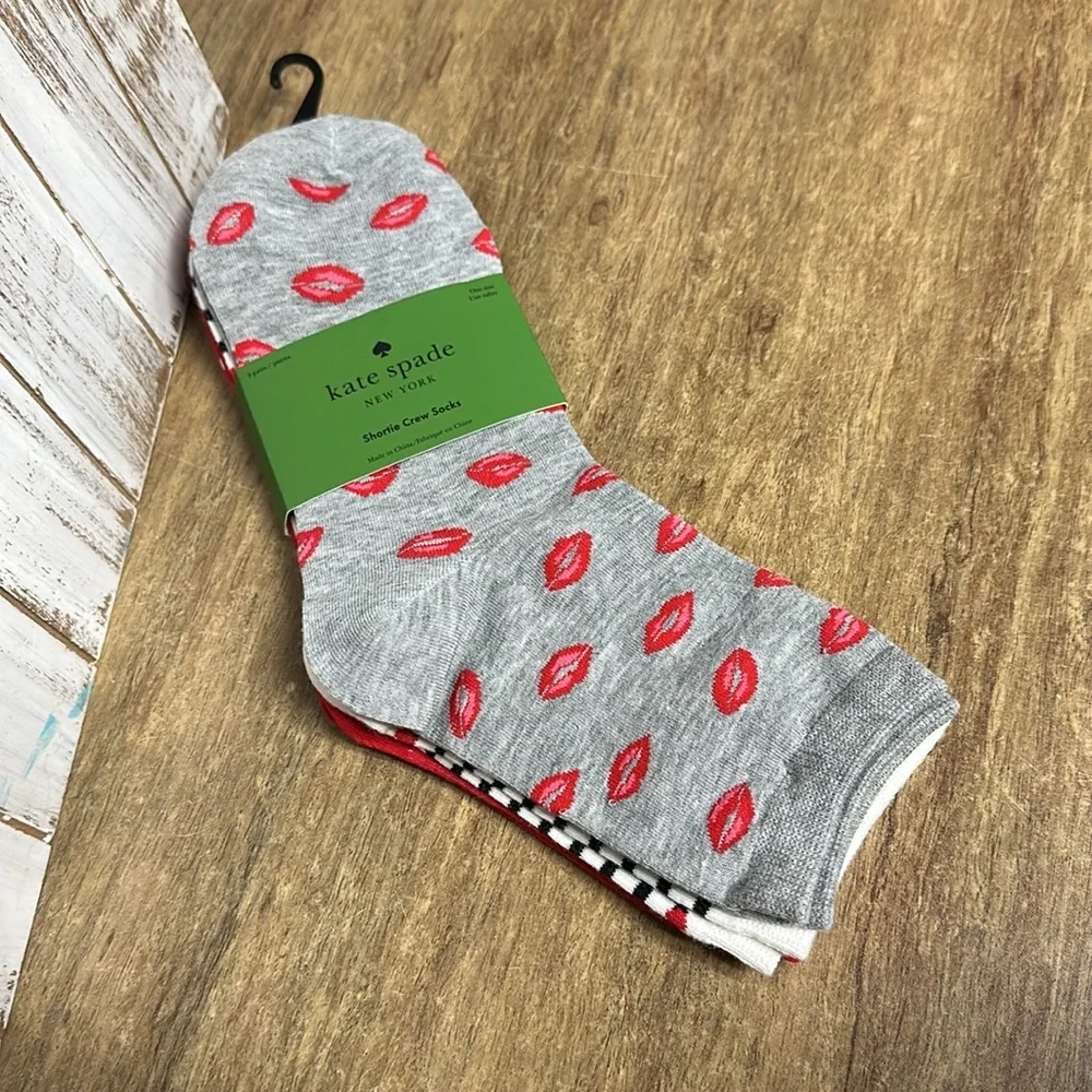 Kate Spade NEW crew knit mc polka dot logo stripe lip kiss print short socks - Picture 2 of 5